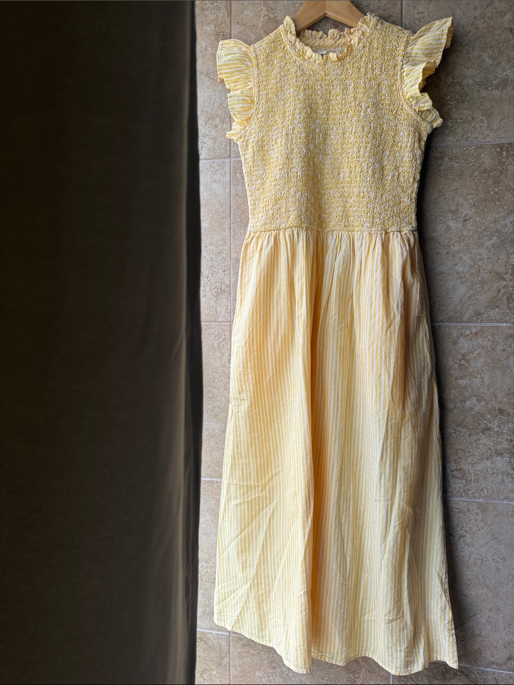 Boden Smocked Cotton Midi Dress Sunny Yellow White Stripe Pockets Flutter Sleeve